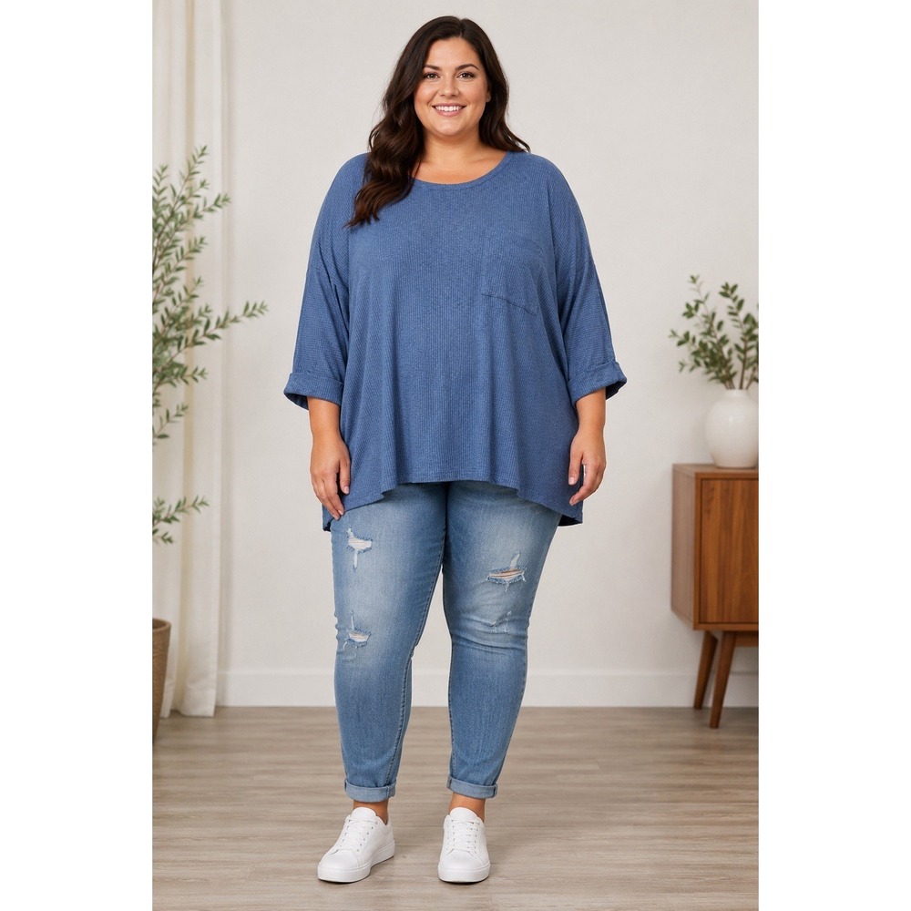 Fantastic Fawn Blue Ribbed Knit Oversized Boxy Top Plus Size 3XL Pocket Boho